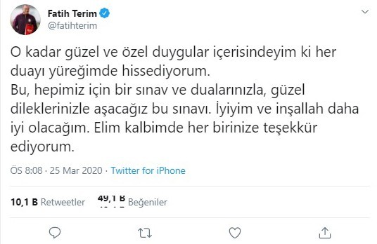 Fatih Terim: "İyiyim ve inşallah daha iyi olacağım"