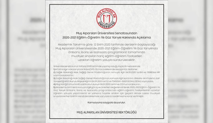 MŞÜ Senatosu 2020-2021 eğitim-öğretim yılı güz yarıyılı kararını açıkladı