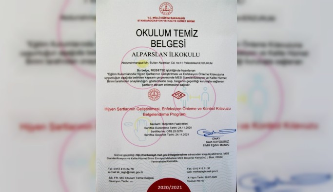 Erzurum'da 504 Okul "Okulum Temiz" belgesi aldı