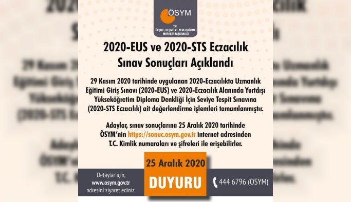 ÖSYM: "2020-EUS ve 2020-STS Eczacılık sınav sonuçları açıklandı."