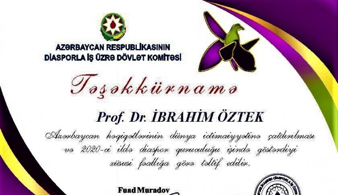Prof. Dr. İbrahim Öztek'e Azerbaycan'dan "Teşekkürname"