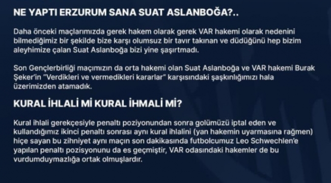 BB Erzurumspor'dan hakem Suat Arslanboğa'ya tepki