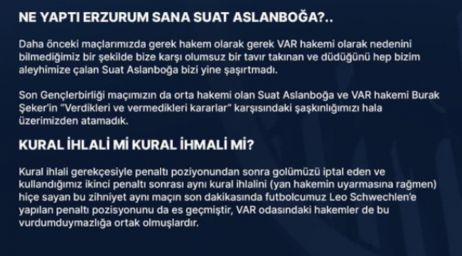 BB Erzurumspor'dan hakem Suat Arslanboğa'ya tepki