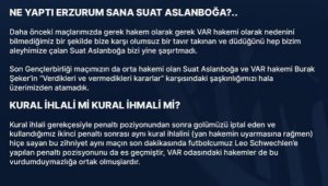 BB Erzurumspor'dan hakem Suat Arslanboğa'ya tepki