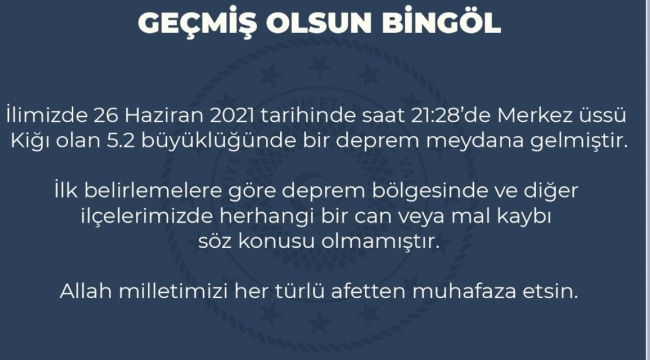 Bingöl'de 5.2 büyüklüğünde deprem...