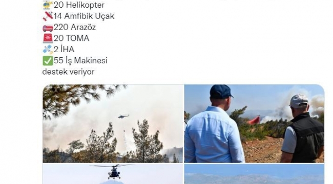 İçişleri Bakanlığı: "Marmaris'teki yangına 20 helikopter, 14 amfibik uçak, 220 arazöz ve 2 İHA destek veriyor"