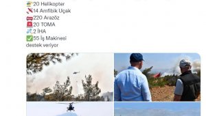 İçişleri Bakanlığı: "Marmaris'teki yangına 20 helikopter, 14 amfibik uçak, 220 arazöz ve 2 İHA destek veriyor"
