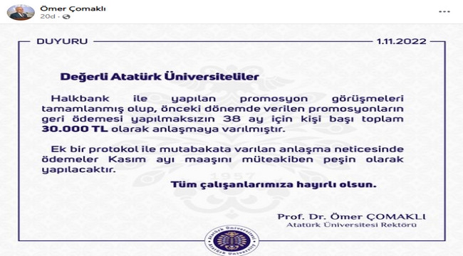 Üniversite personeline 30 bin TL promosyon